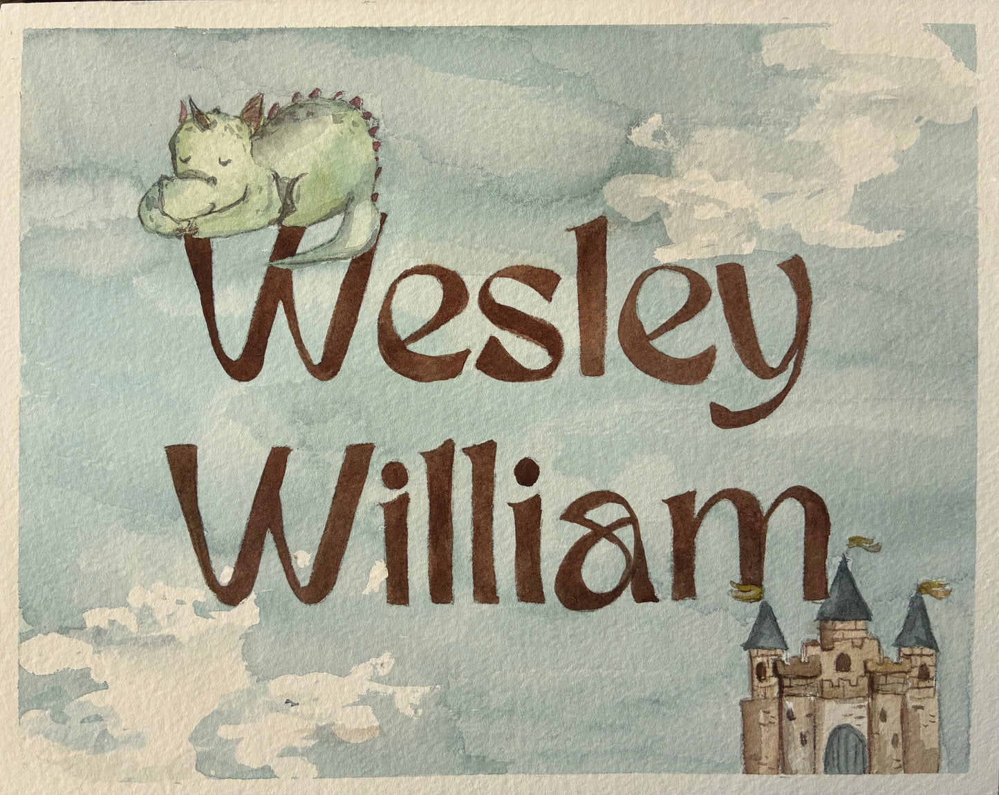 there is a watercolor painting of the name wesley william with a dragon and castle