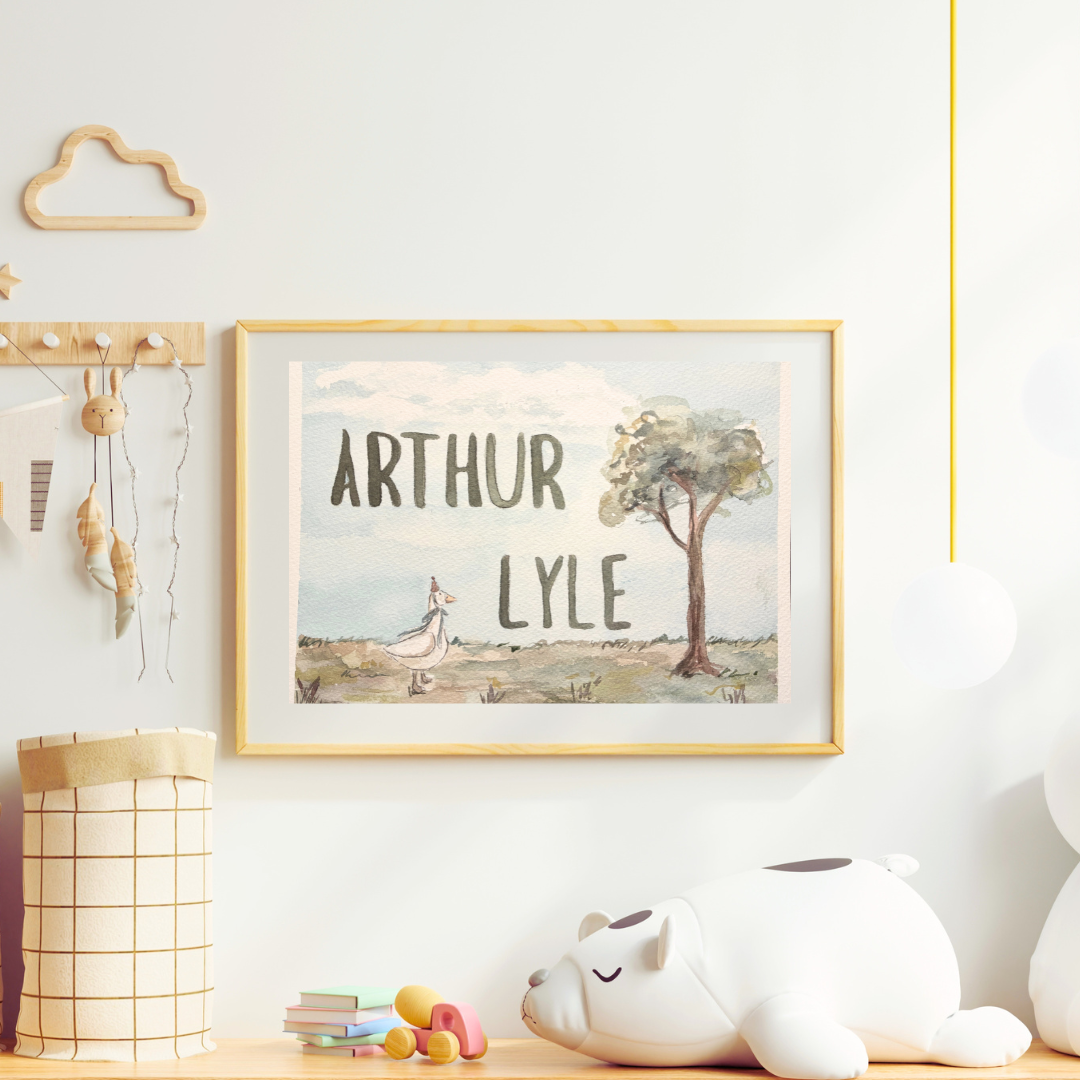 there is a watercolor painting of the name arthur lyle with a small goose and tree