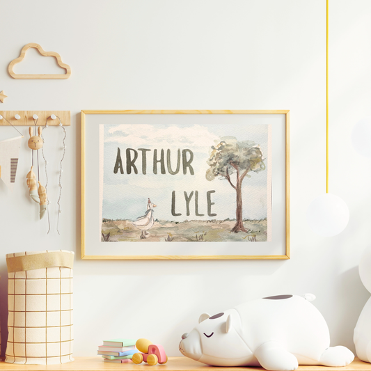 there is a watercolor painting of the name arthur lyle with a small goose and tree