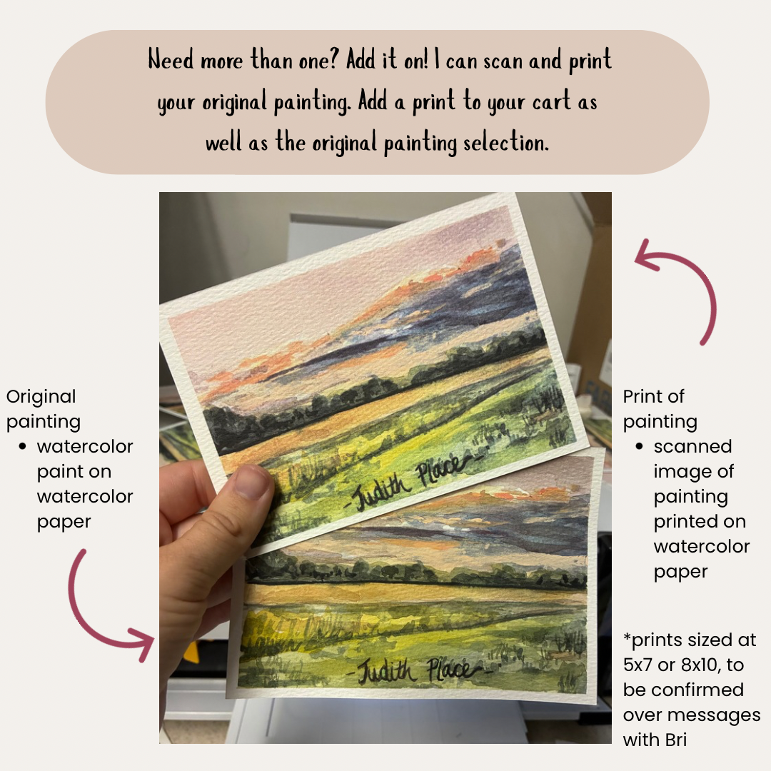 A hand holds two small watercolor landscape paintings side by side, with text explaining that prints can be added to a cart and scanned from the original painting. Arrows point from the original painting to the print example, and the text mentions watercolor paper and the brand Bri for size confirmation.