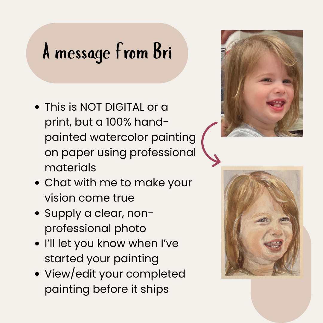 this page describes how to place an order by supplying a clear non professional photo and reaching out with questions. Bri will let you know when your painting is getting started/shipped