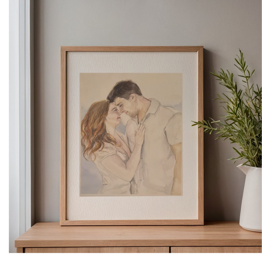 in this watercolor painting, a man and woman are looking into each others eyes lovingly 
