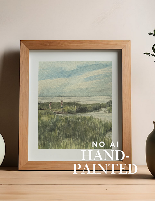 A framed landscape art print displayed on a wooden shelf, flanked by three matte ceramic vases of varying sizes against a neutral beige wall. The text 'NO AI HAND-PAINTED' is overlaid near the bottom center.
