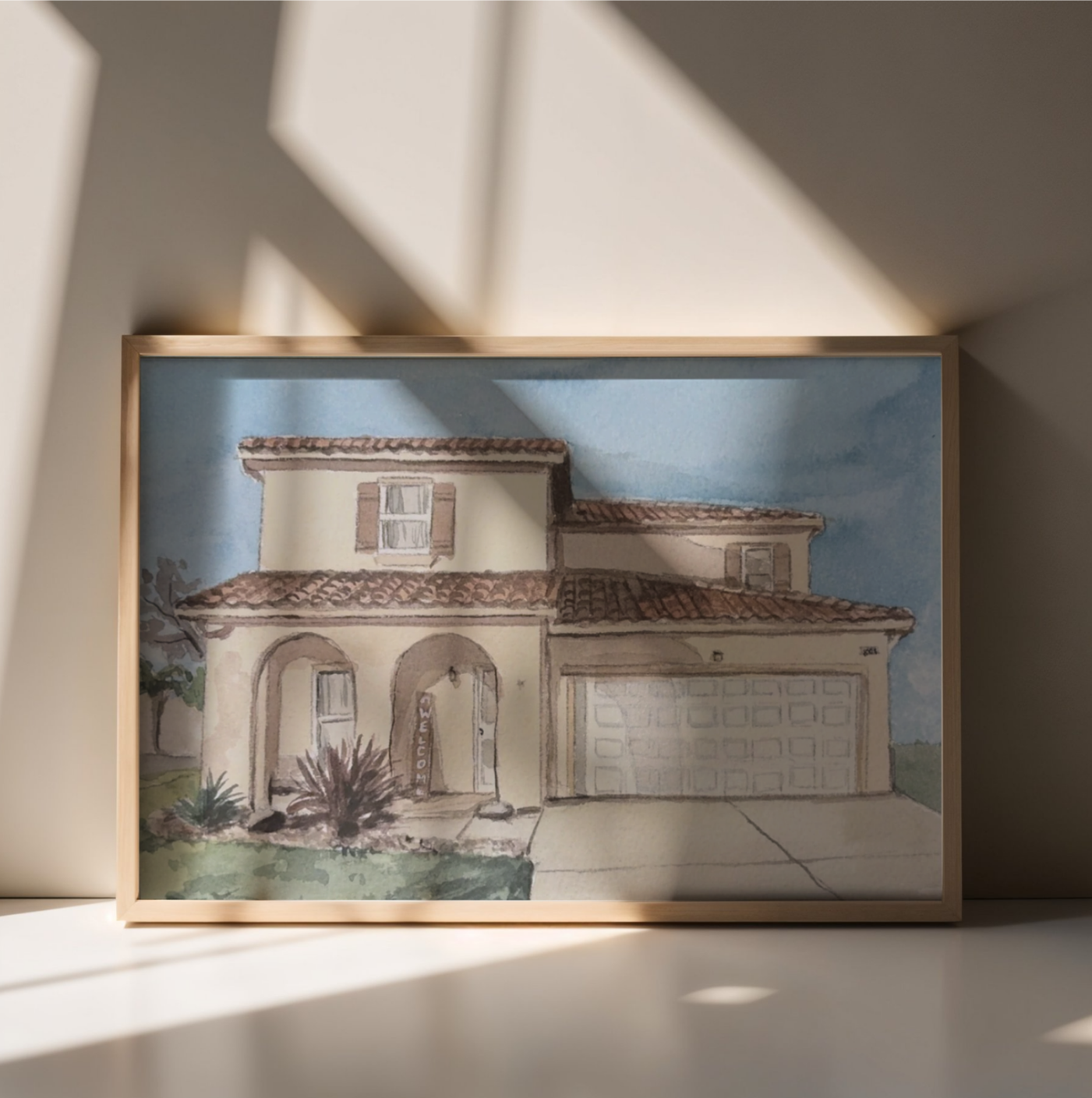 This is a watercolor painting of a house with a blue background