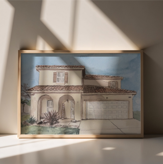 This is a watercolor painting of a house with a blue background