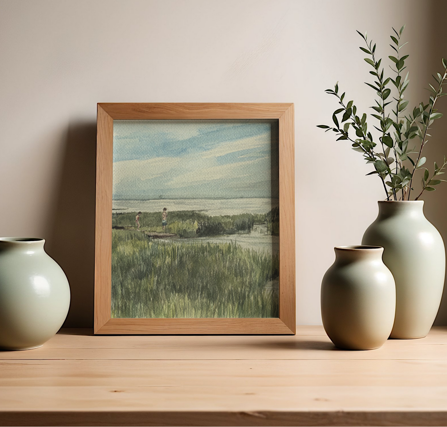 this watercolor painting shows two children playing in a marsh