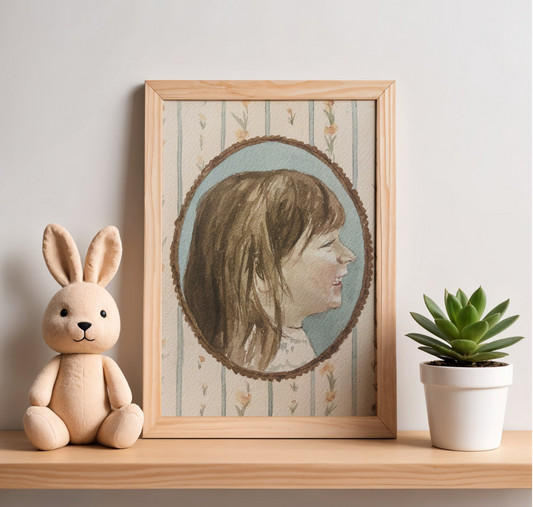 in this watercolor painting, there is a silhouette of a small girl 
