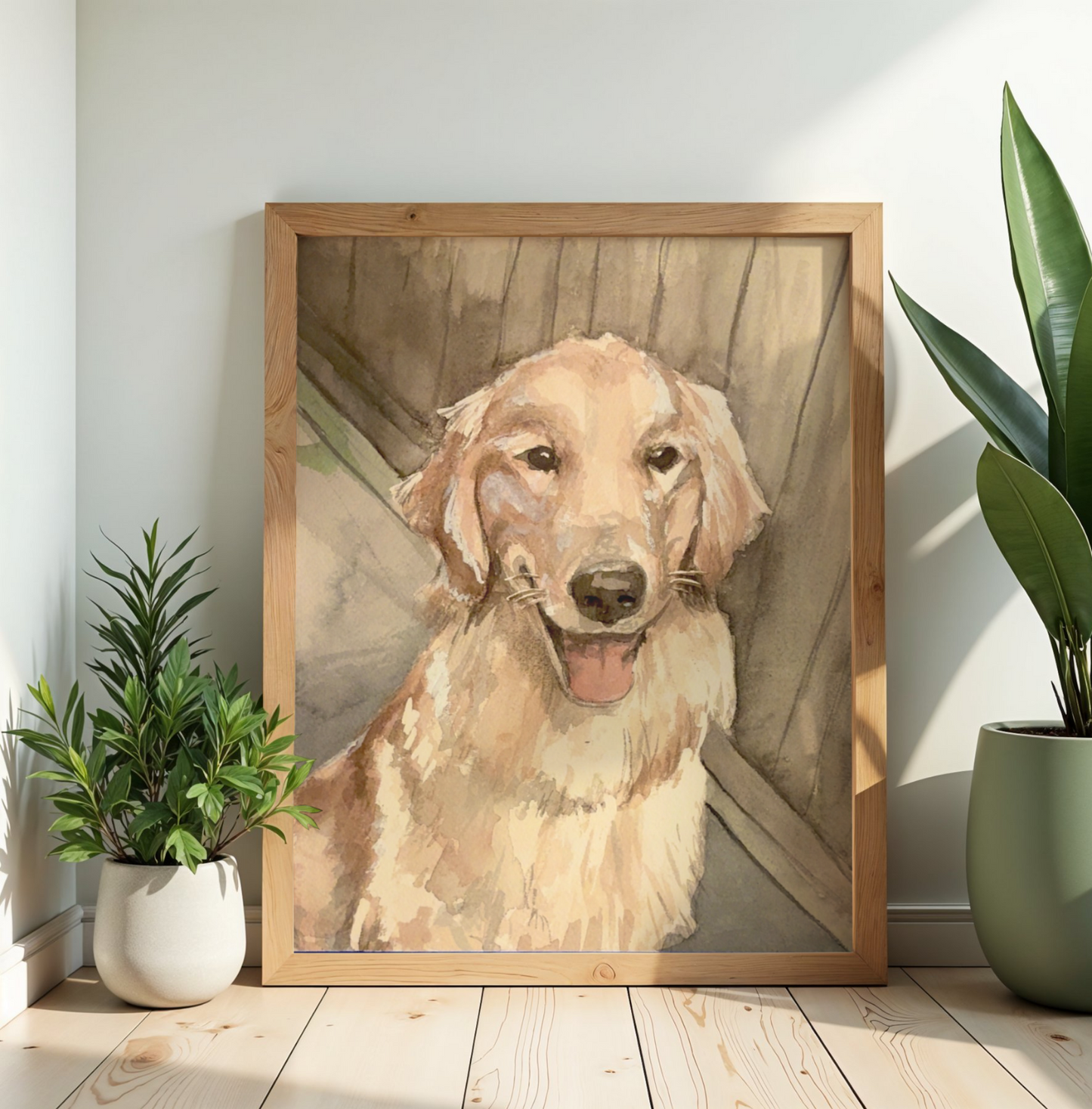 This is a watercolor painting with a yellow lab