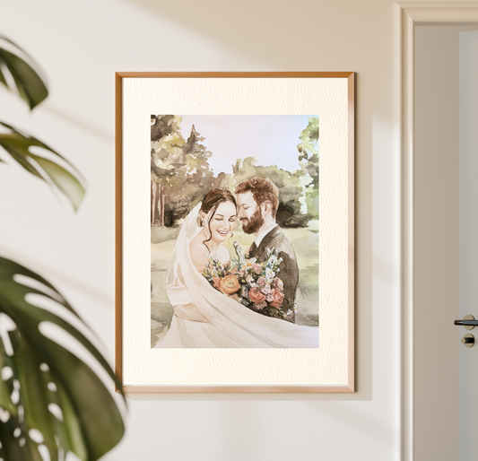 in this watercolor painting, a man and a woman are on their wedding day holding orange flowers