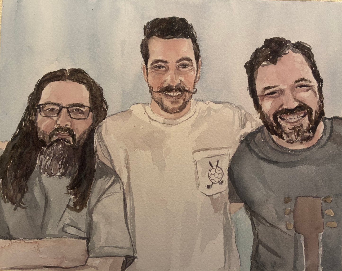 watercolor painting with three men smiling 