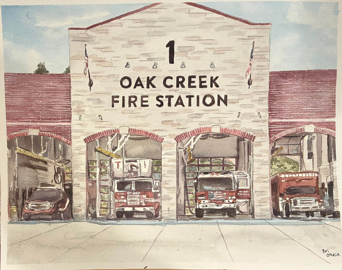 This is a watercolor painting of oak creek fire station with four fire vehicles 