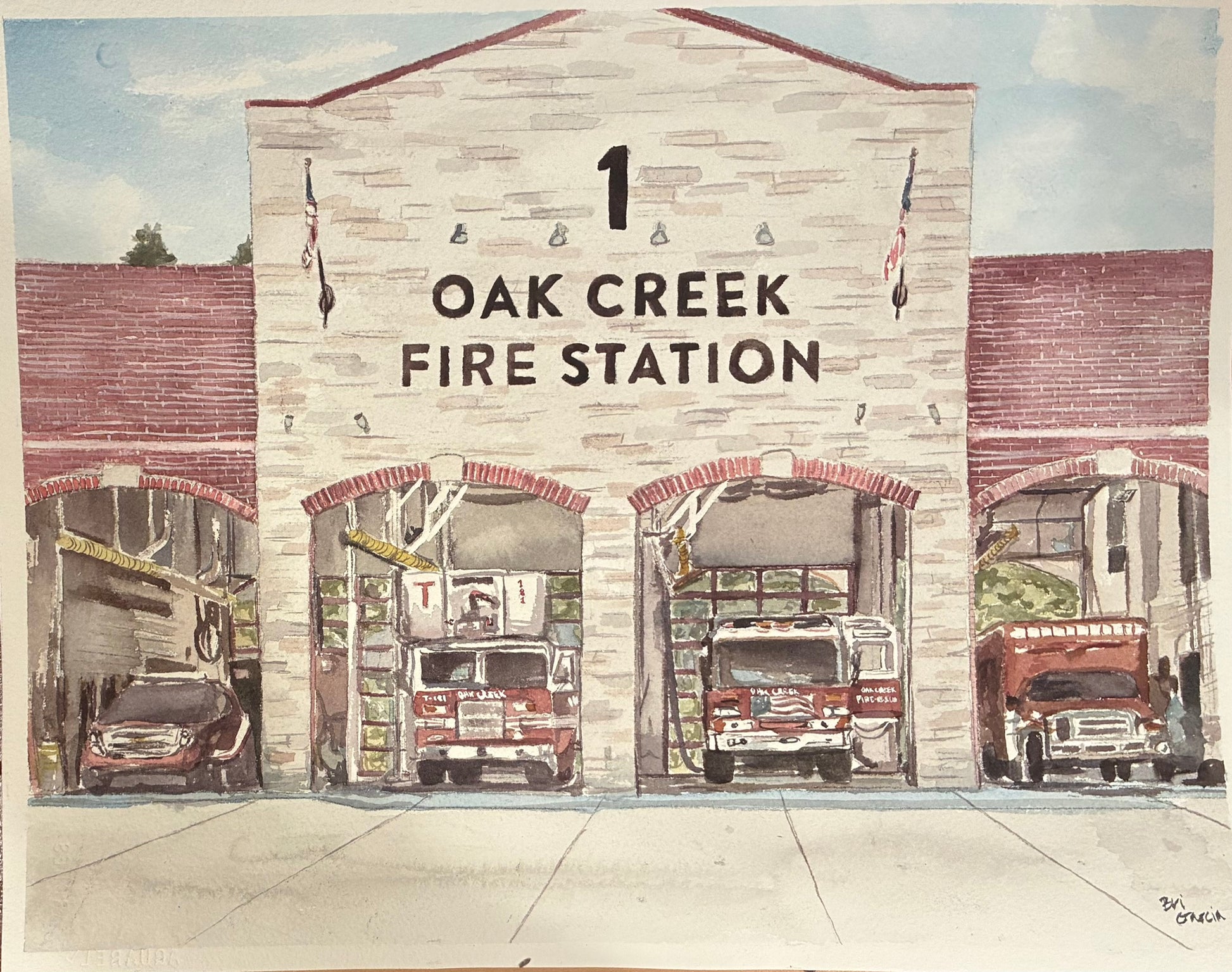 This is a watercolor painting of oak creek fire station with four fire vehicles 