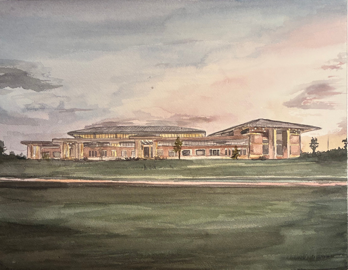 This is a watercolor painting of a city building at sunset 