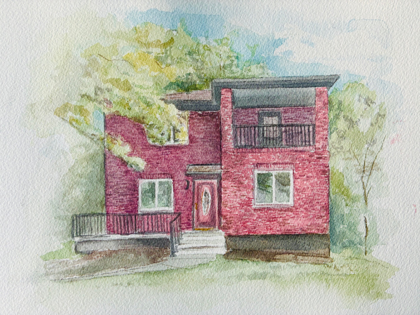 This is a watercolor painting of a red house with faded edges