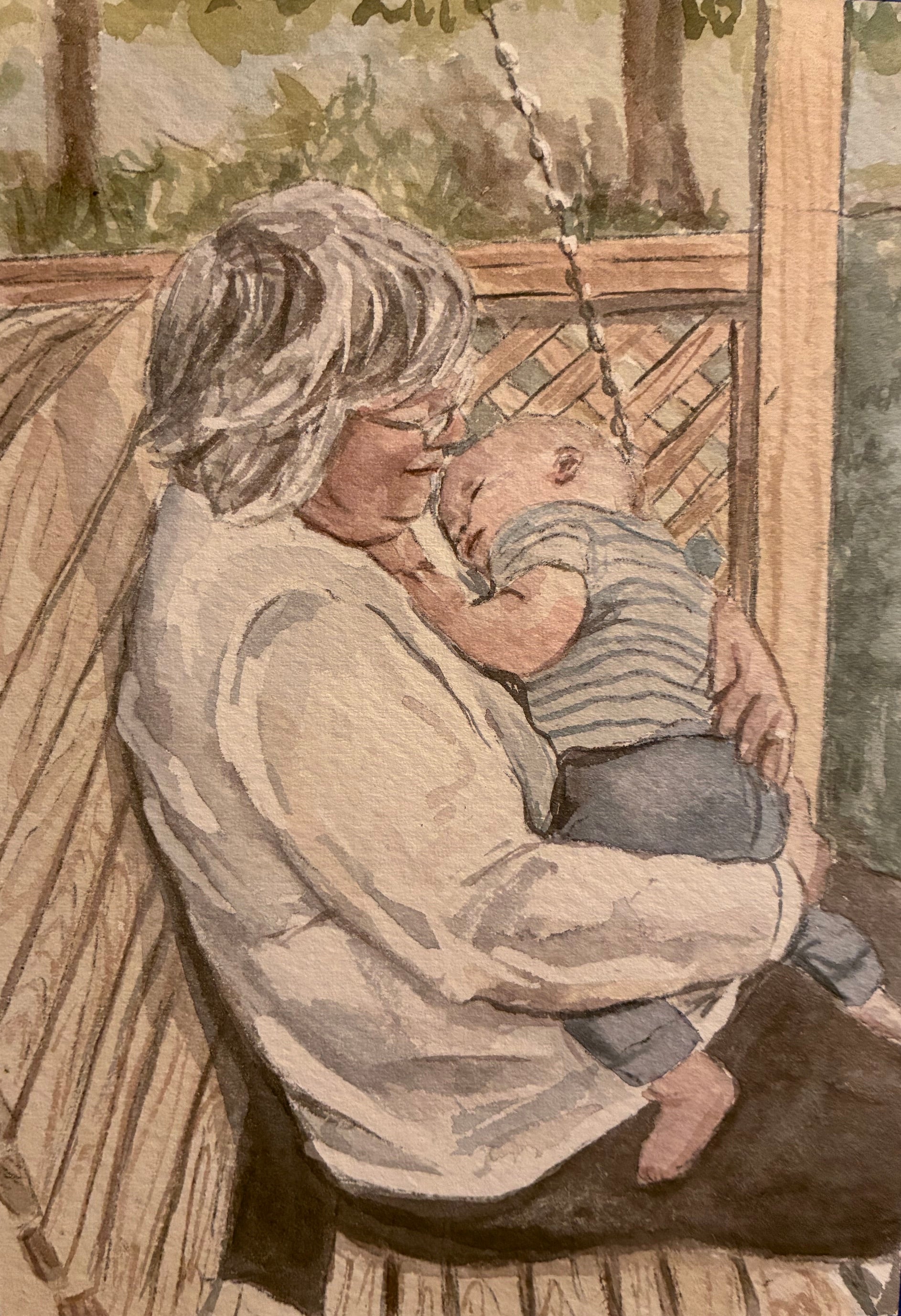 watercolor painting with a grandmother holding her baby on a swing