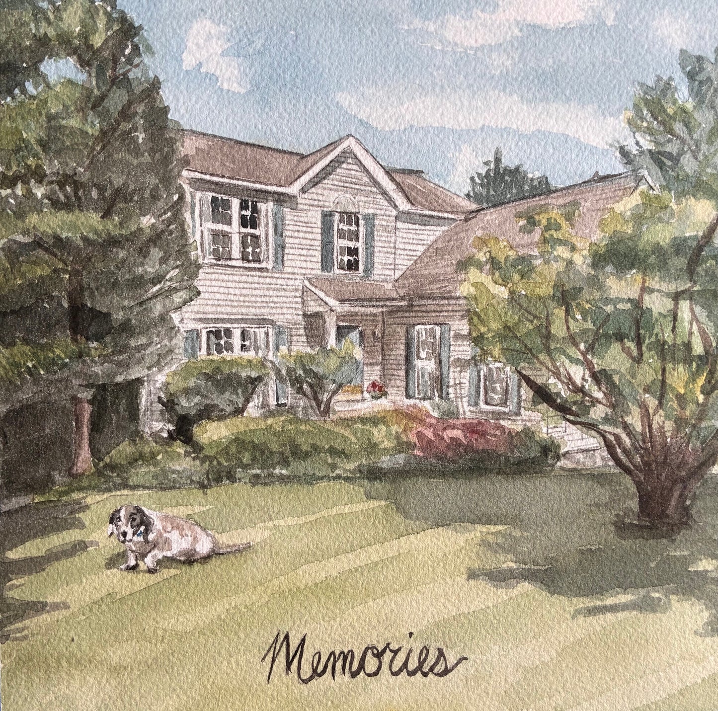 This is a watercolor painting of a house in the summer with a dog laying by trees