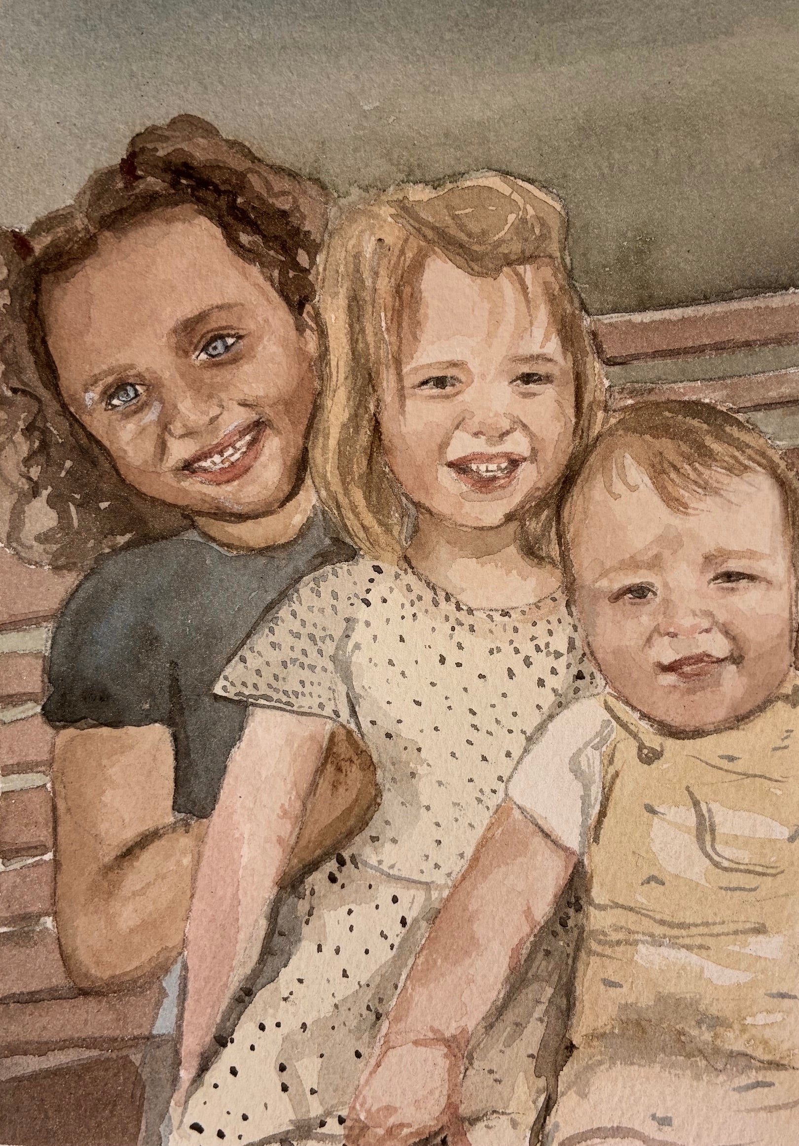 watercolor painting with three children sitting on a bench smiling 
