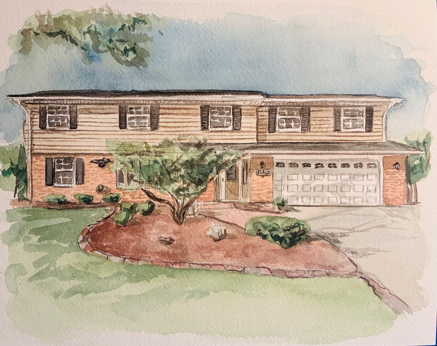 this watercolor painting of a tan house in the summer or spring