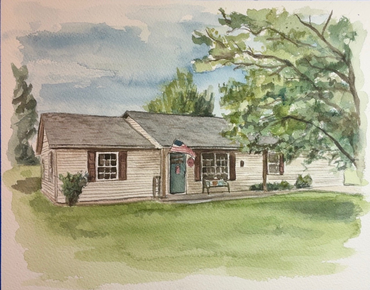 this watercolor painting of a house with an american flag 
