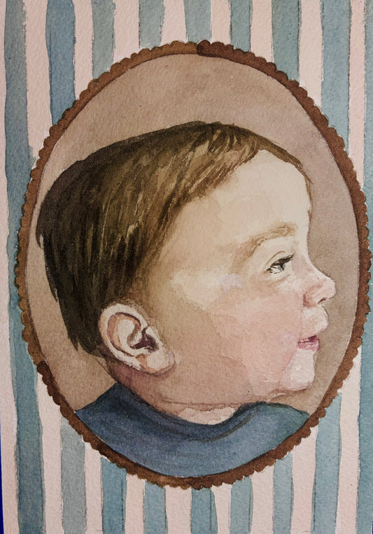 in this watercolor painting, there is a silhouette of a boy with blue stripes