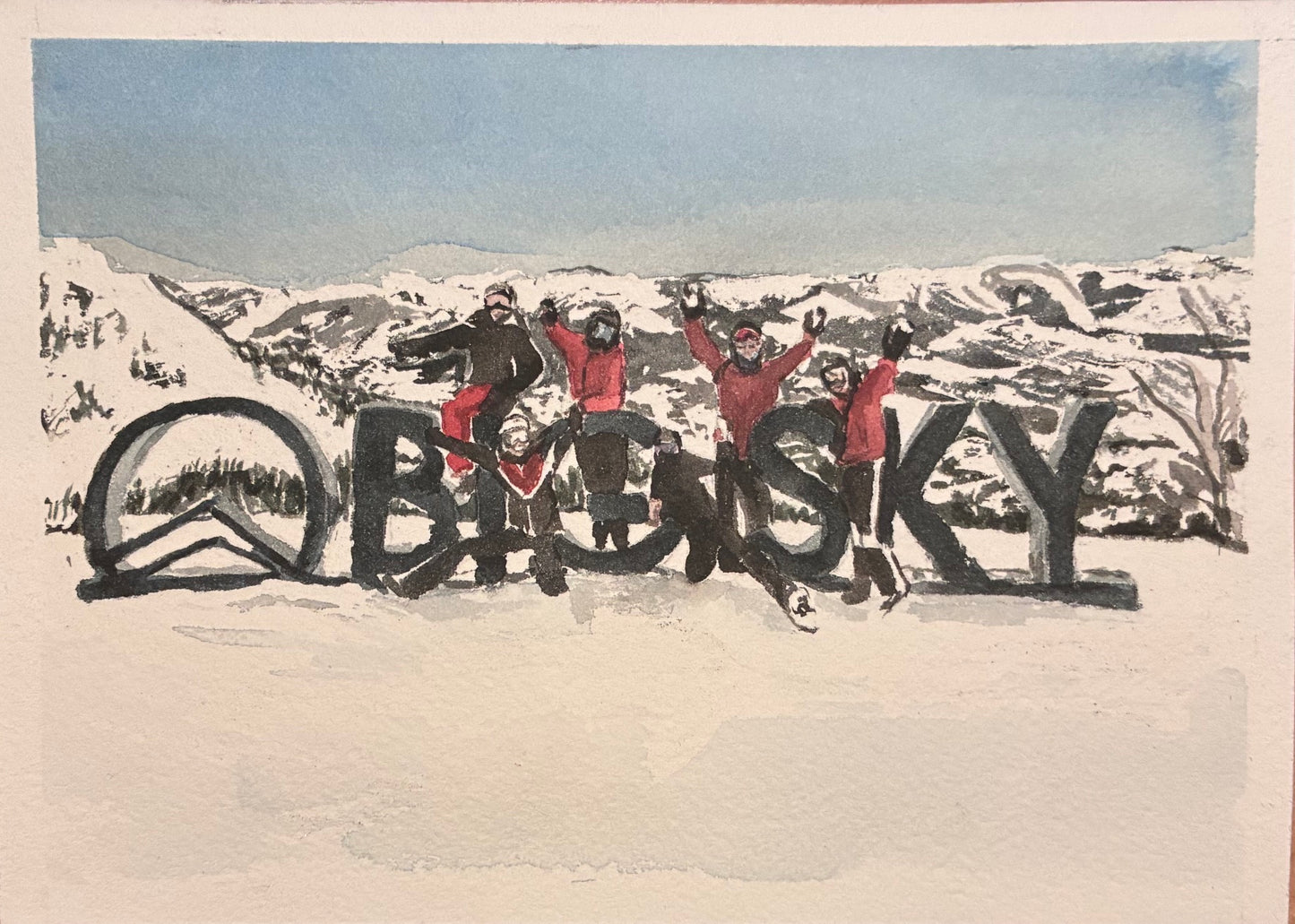 this watercolor painting is five skiers on a sign that says "big sky" on a mountain