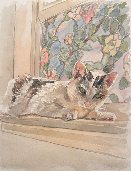 This is a watercolor painting with a cat sitting my a stained glass window