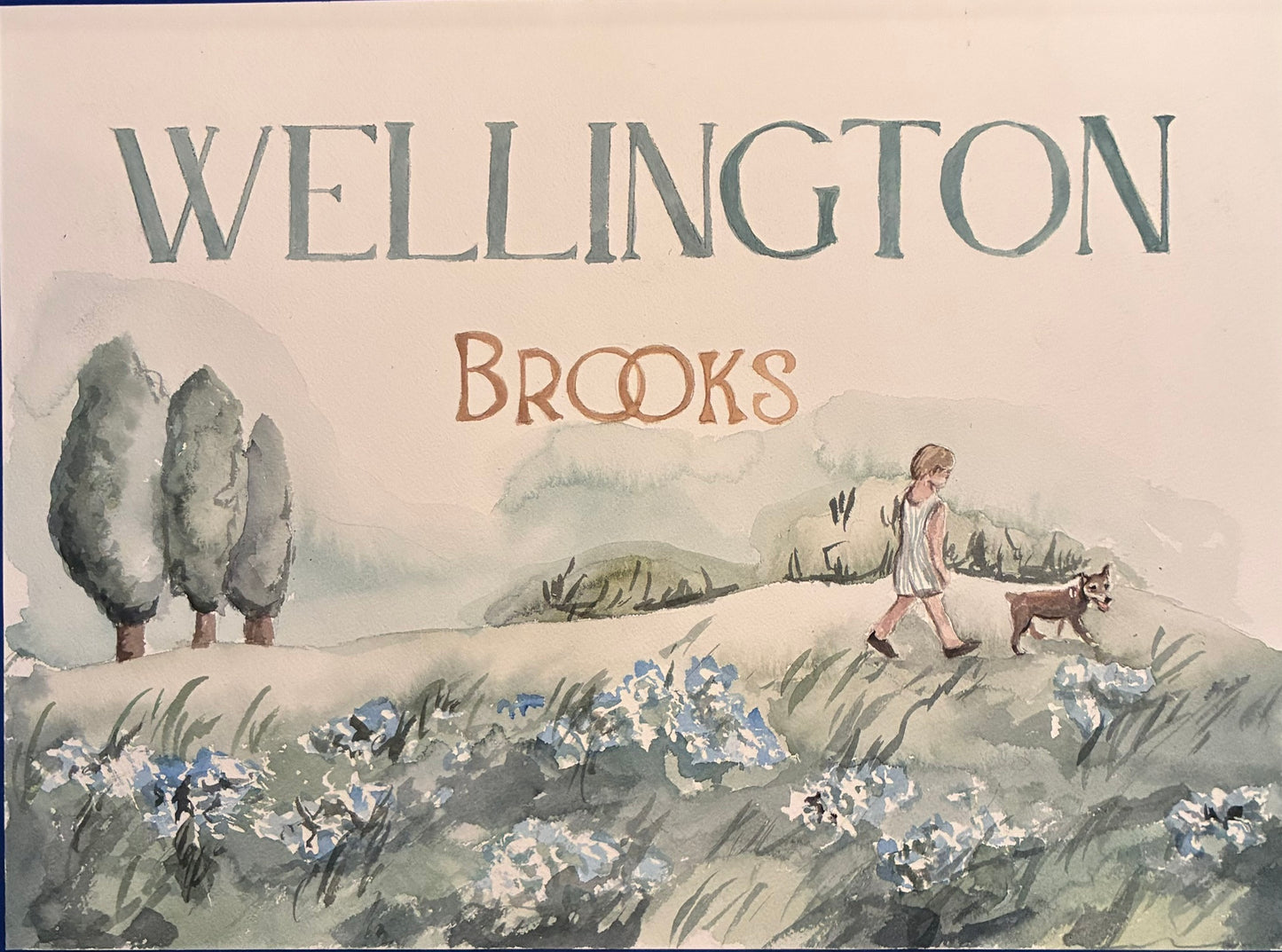 there is a watercolor painting of the name wellington brooks with a boy walking with his dog