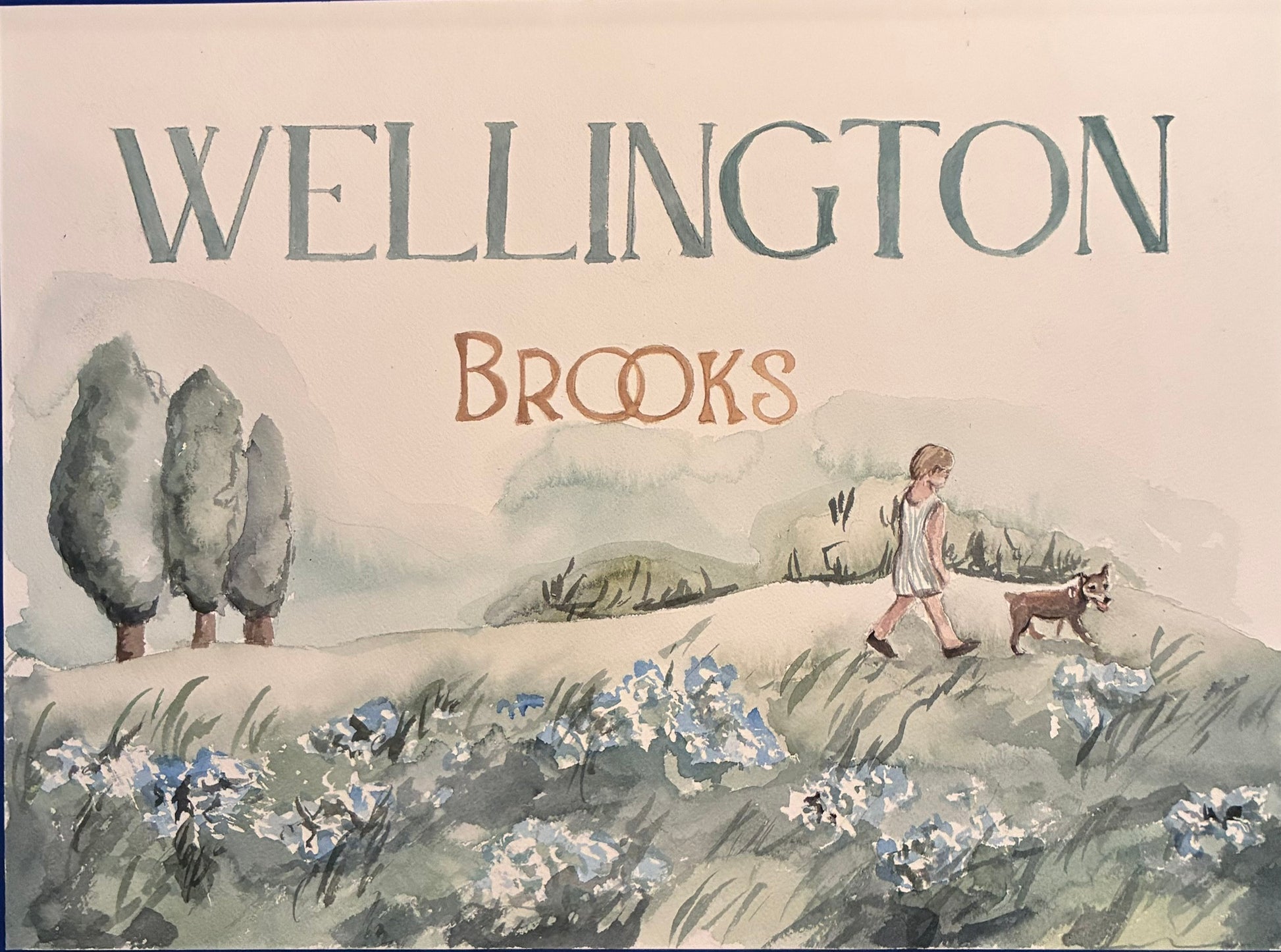 there is a watercolor painting of the name wellington brooks with a boy walking with his dog