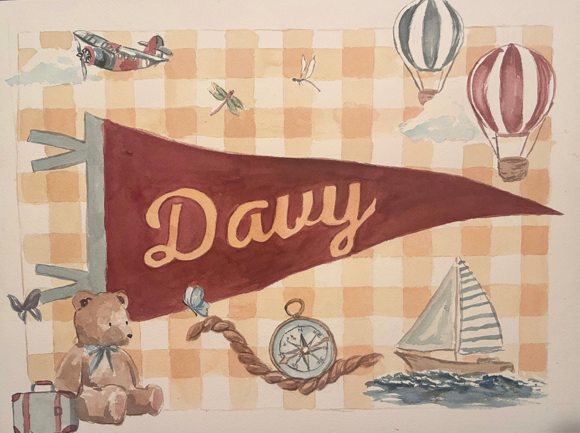 there is a watercolor painting of the name davy on a red flag with a teddy bear and sailboat