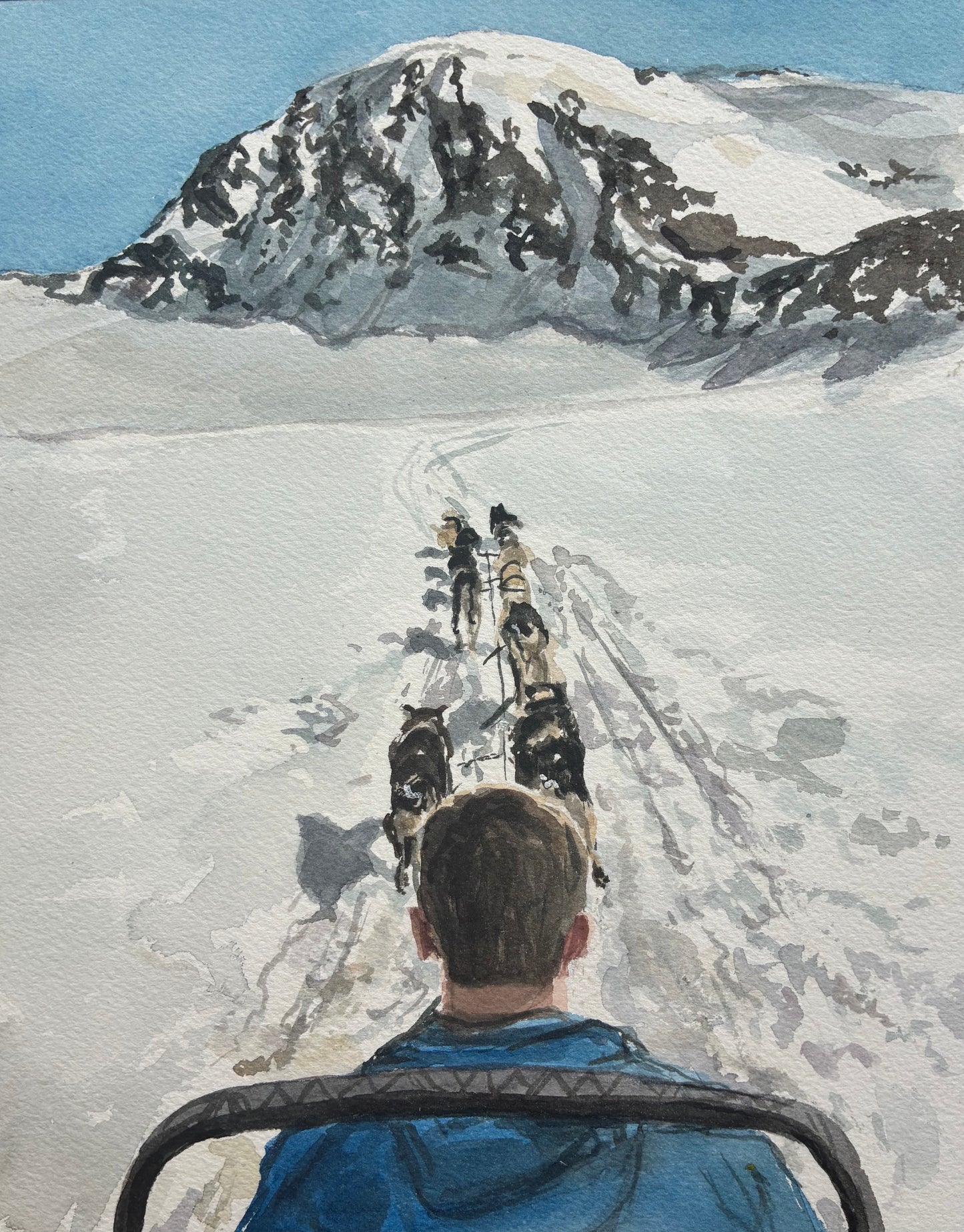 this watercolor painting is a young man leading sled dogs in a snowy mountain