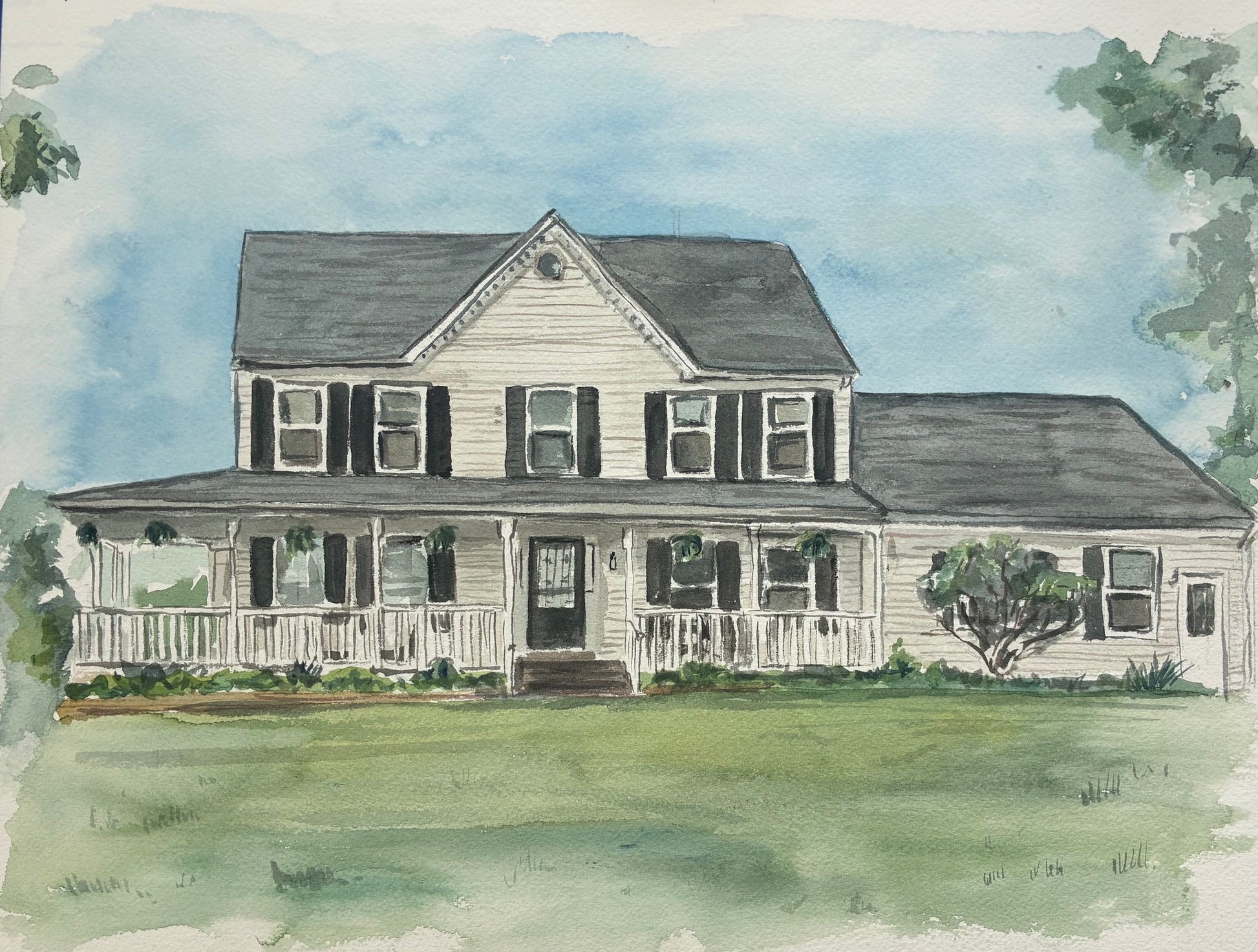 this watercolor painting of a house with a white porch