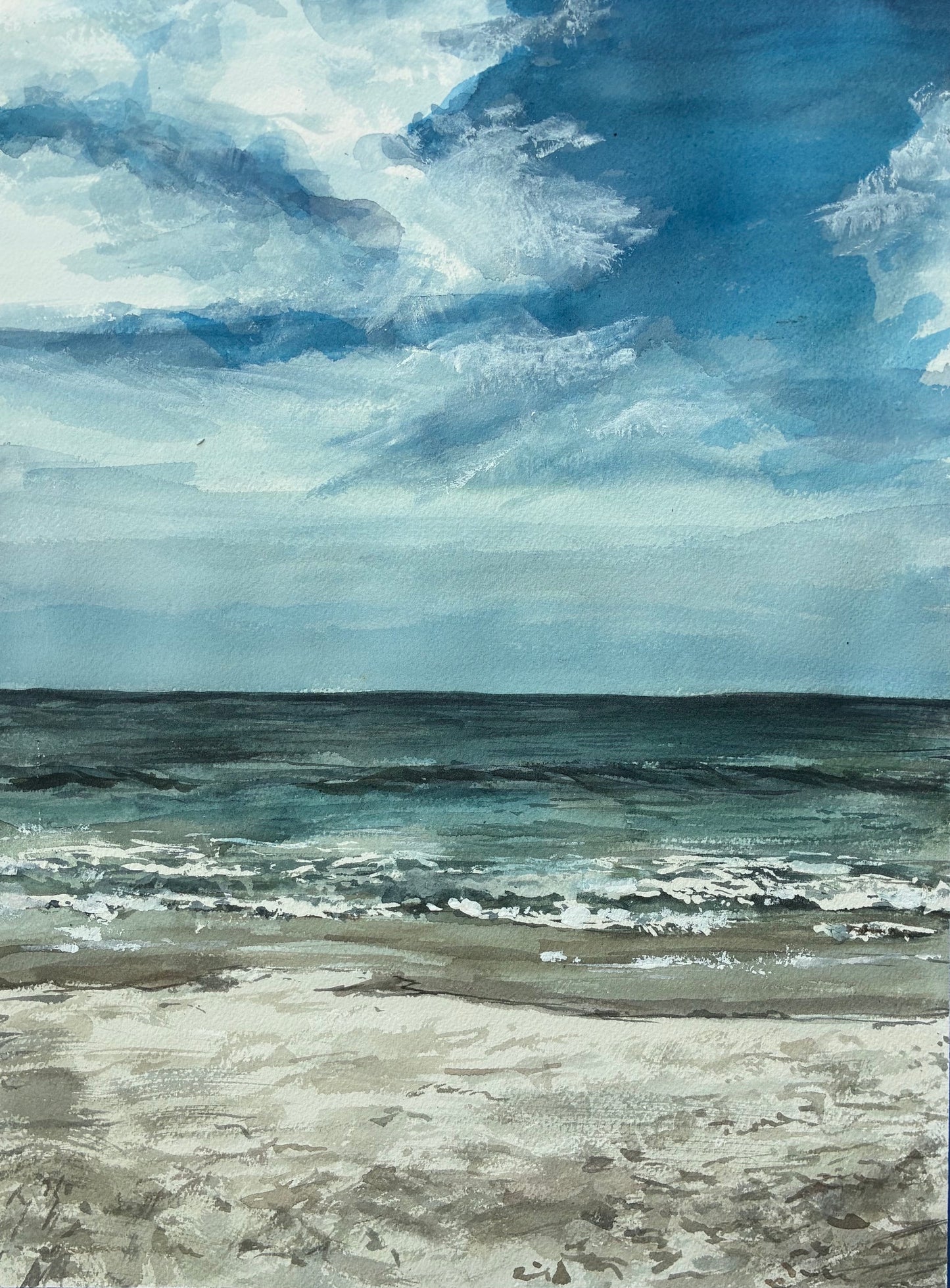 this watercolor painting is a blue sky beach