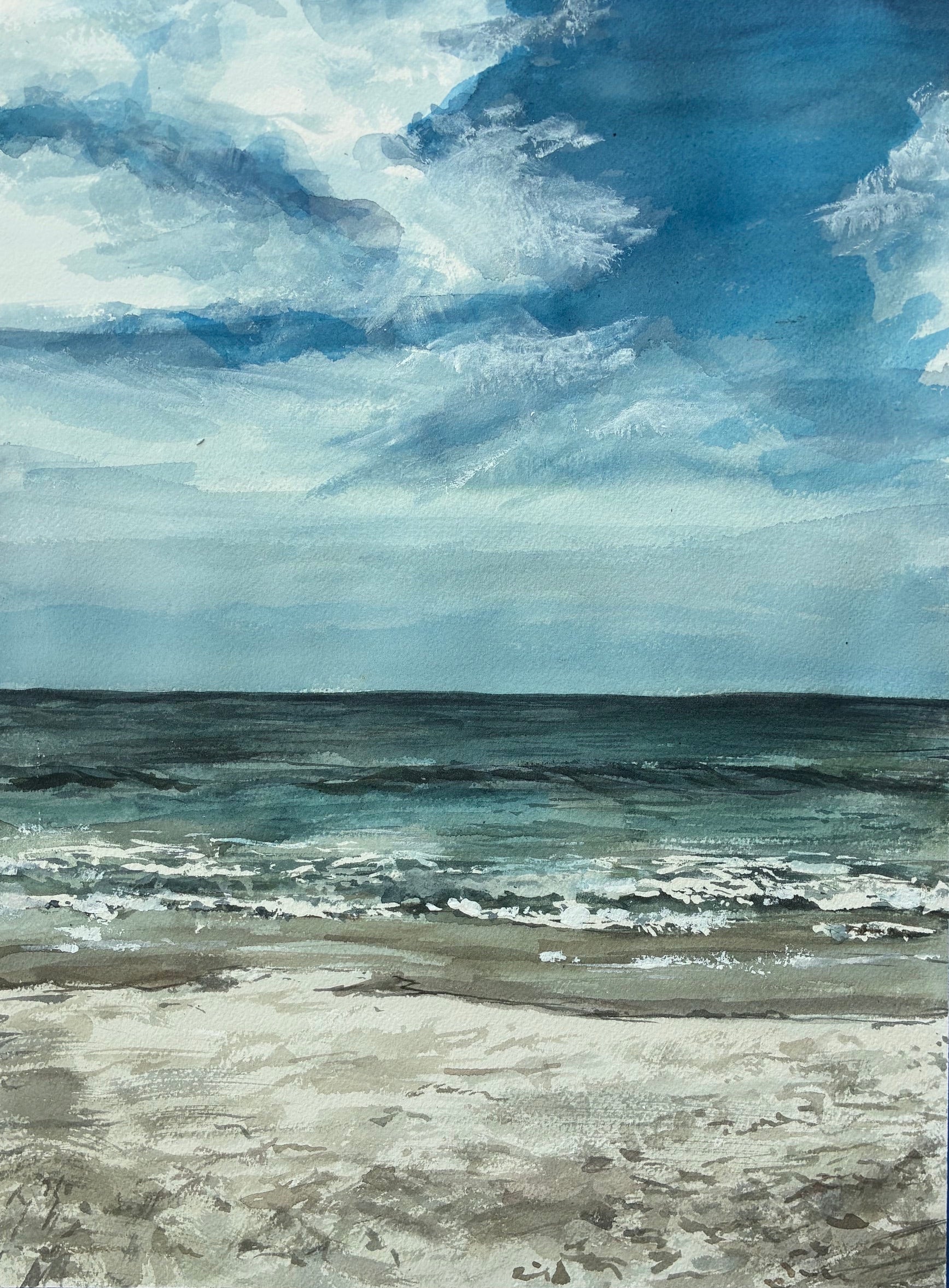 this watercolor painting is a blue sky beach