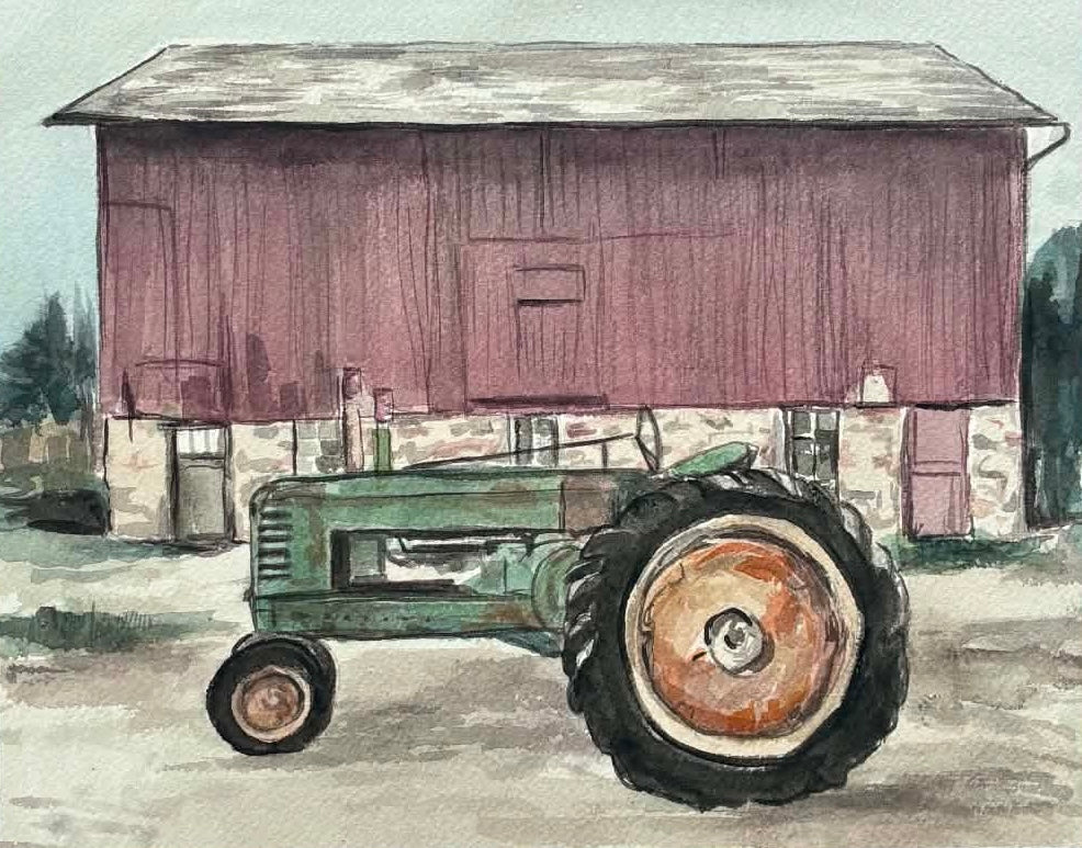 this watercolor painting is a tractor infront of a barn